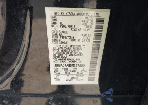 2005 Nissan Titan Se из США, поврежденный, VIN 1N6BA07A85N527800